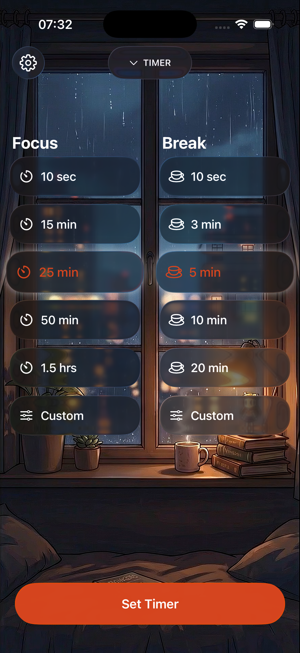 Timer customization with focus and break durations