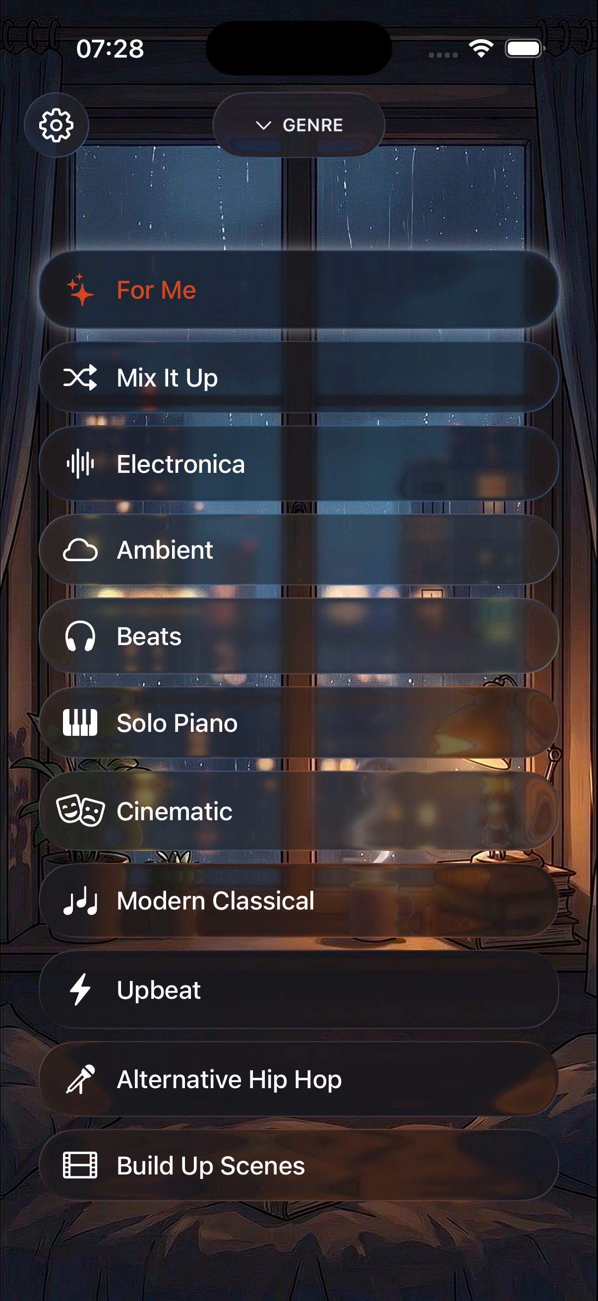 Genre picker with 11 curated music genres